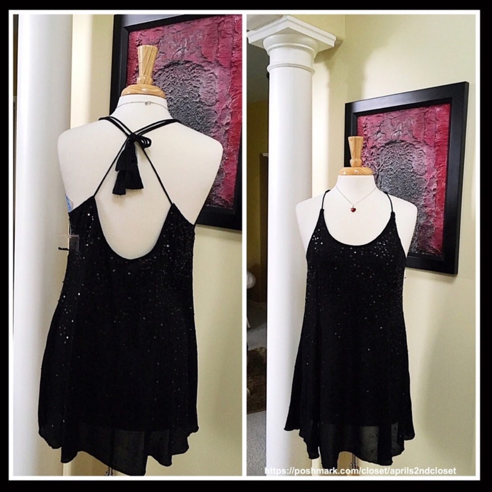 FREE PEOPLE BLACK EMBELLISHED Sequin Slip Dress - Picture 2 of 8